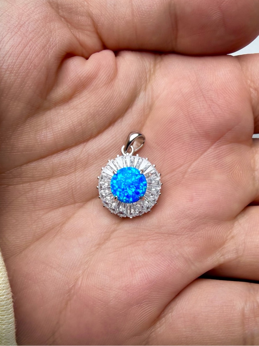 Blue Opal Pendant 7.7mm Lab Created with CZ Baguette Halo 925 Sterling Silver